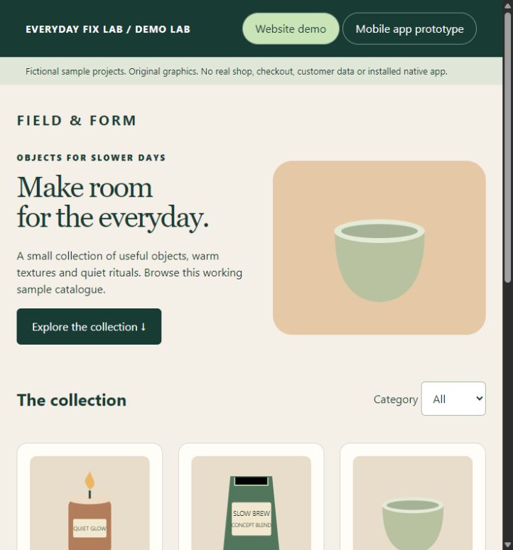 Working original catalogue website concept with collection filter